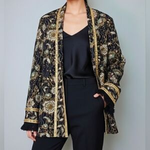 Printed Floral Gold Foil Blazer Jacket MED Fringe Boho Festival Bohemian NWOT